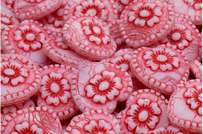 Heart Beads With Rose, White Opal 54327 (02020-54327), Glass, Czech Republic