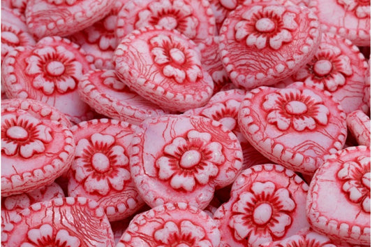 Heart Beads With Rose, White Opal 54327 (02020-54327), Glass, Czech Republic