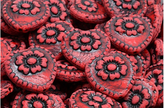 Heart Beads With Rose, Opaque Red Black Lined (93200-46441), Glass, Czech Republic