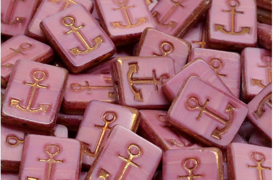 Table Cut Rectangle Beads with Anchor, Opaque Pink Bronze (74020 14415), Glass, Czech Republic