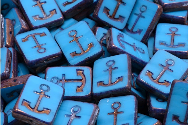 Table Cut Rectangle Beads with Anchor, Turquoise Blue Bronze (63030 14415), Glass, Czech Republic