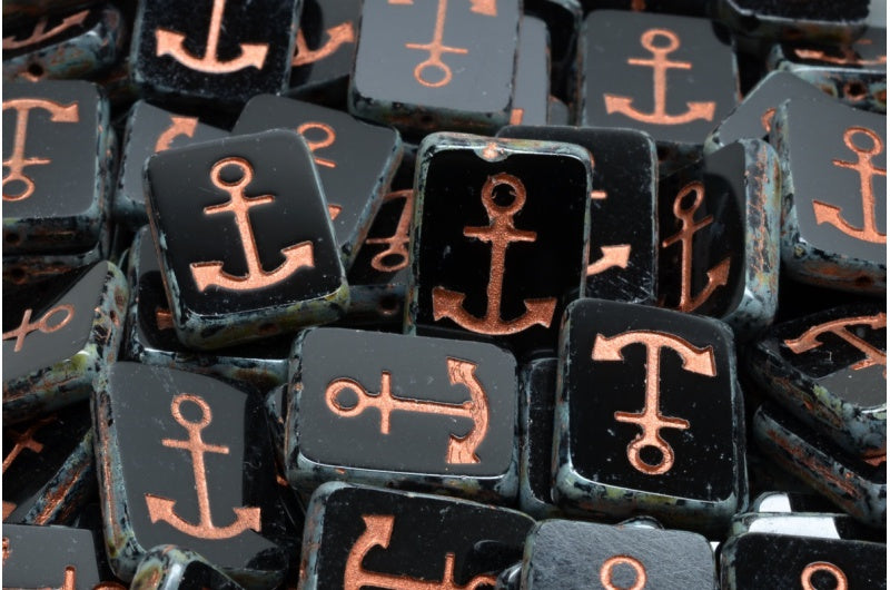 Table Cut Rectangle Beads with Anchor, Black Travertin Red (23980 86800 54319), Glass, Czech Republic