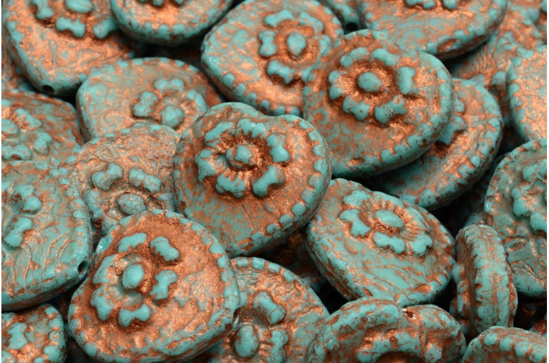 バラのハートビーズ、トルコ石エッチング銅線（63140-ETCH-54319）、ガラス、チェコ共和国