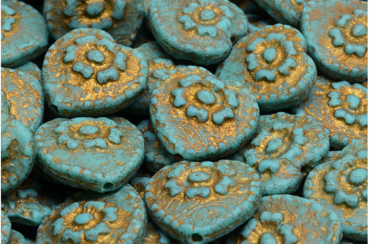 Heart Beads With Rose, Turquise Etched Gold Lined (63140-ETCH-54302), Glass, Czech Republic