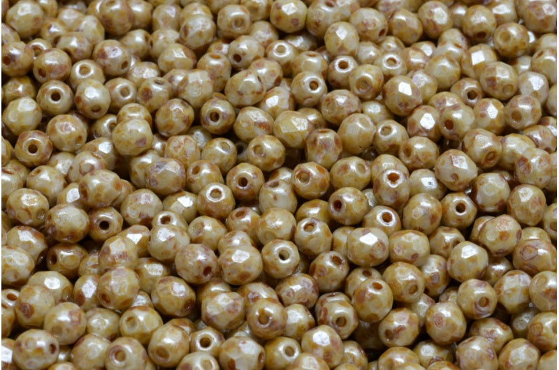 Fire Polished Faceted Beads Round, Chalk White Cream Luster Spotted (03000-65321), Bohemia Crystal Glass, Czech Republic