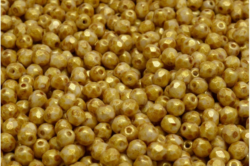 ファセット加工ラウンドビーズ、チョークホワイトゴールド光沢、スポット（03000-65322）、ボヘミアクリスタルガラス、チェコ共和国