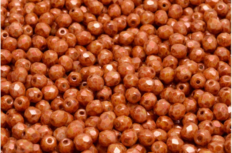 Fire Polished Faceted Beads Round, Chalk White Copper Luster Spotted (03000-65324), Bohemia Crystal Glass, Czech Republic