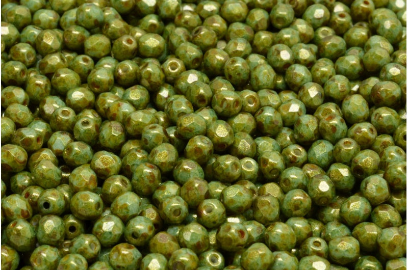 ファセット加工のラウンドビーズ、チョークホワイトブラウンの光沢、斑点模様（03000-65326）、ボヘミアクリスタルガラス、チェコ共和国