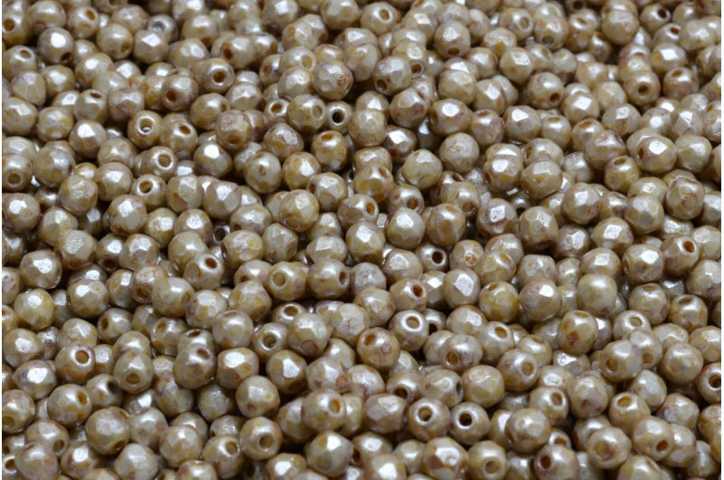 Fire Polished Faceted Beads Round, Chalk White Cream Luster Spotted (03000-65321), Bohemia Crystal Glass, Czech Republic