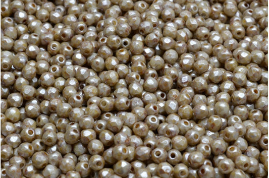 Fire Polished Faceted Beads Round, Chalk White Cream Luster Spotted (03000-65321), Bohemia Crystal Glass, Czech Republic