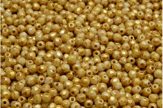 ファセット加工ラウンドビーズ、チョークホワイトゴールド光沢、スポット（03000-65322）、ボヘミアクリスタルガラス、チェコ共和国