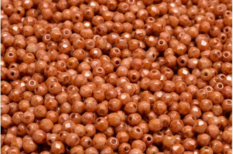 Fire Polished Faceted Beads Round, Chalk White Copper Luster Spotted (03000-65324), Bohemia Crystal Glass, Czech Republic