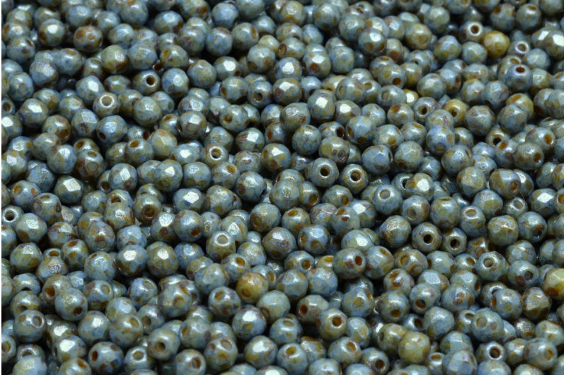 Fire Polished Faceted Beads Round, Chalk White Green Luster Spotted (03000-65325), Bohemia Crystal Glass, Czech Republic