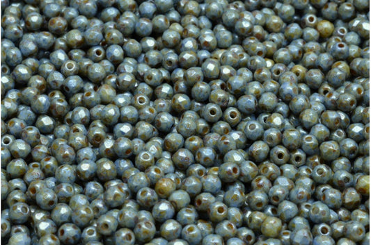 Fire Polished Faceted Beads Round, Chalk White Green Luster Spotted (03000-65325), Bohemia Crystal Glass, Czech Republic