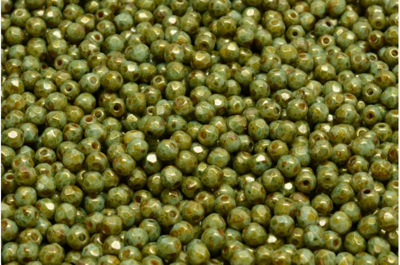 ファセット加工のラウンドビーズ、チョークホワイトブラウンの光沢、斑点模様（03000-65326）、ボヘミアクリスタルガラス、チェコ共和国