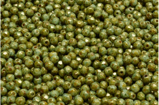 ファセット加工のラウンドビーズ、チョークホワイトブラウンの光沢、斑点模様（03000-65326）、ボヘミアクリスタルガラス、チェコ共和国