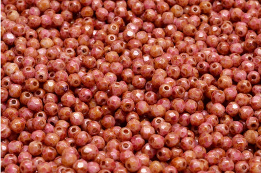 ファセット加工ラウンドビーズ、チョークホワイトローズラスタースポット（03000-65327）、ボヘミアクリスタルガラス、チェコ共和国