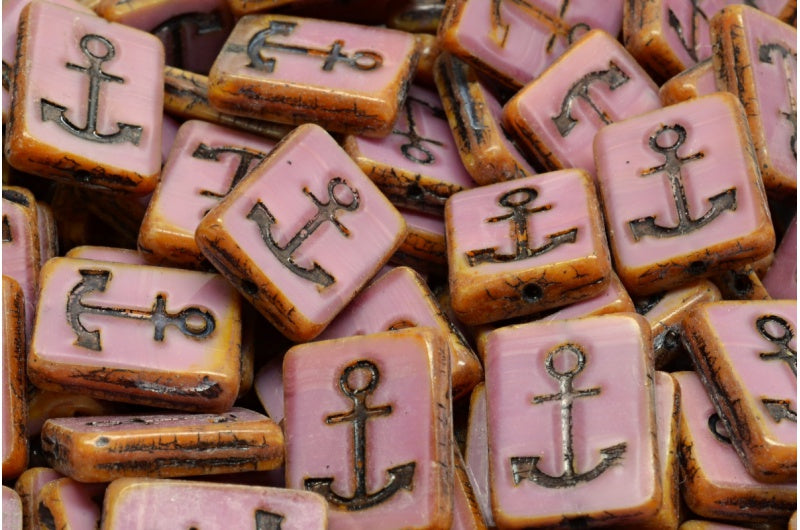 Table Cut Rectangle Beads with Anchor, Opaque Pink Travertin 46441 (74020 86800 46441), Glass, Czech Republic