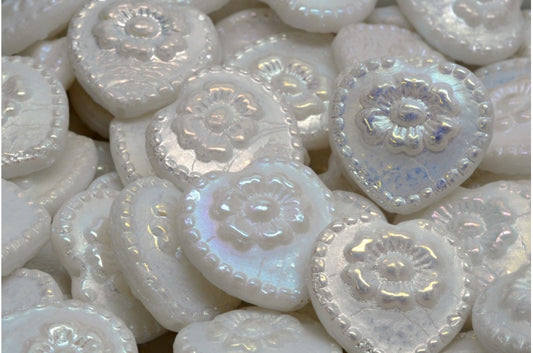 Heart Beads With Rose, White Opal Ab Full (2X Side) (02020-28703), Glass, Czech Republic