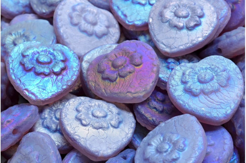 Heart Beads With Rose, 21010 Etched Ab Full (2X Side) (21010-ETCH-28703), Glass, Czech Republic