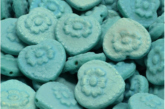 ローズ付きハートビーズ、トルコ石エッチングABフル（2Xサイド）（63140-ETCH-28703）、ガラス、チェコ共和国