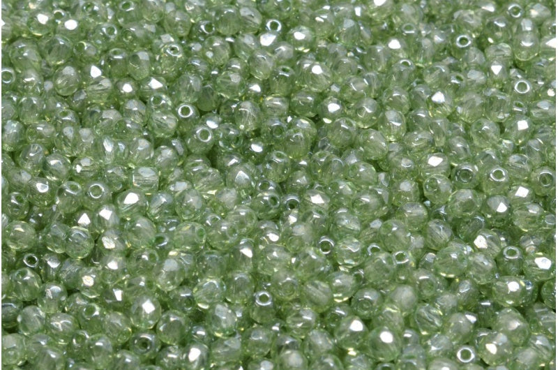 Fire Polish Faceted Round Beads, Crystal Luster Green Full Coated (00030-14457), Glass, Czech Republic