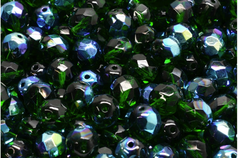 Fire Polished Faceted Beads Round, Transparent Green Ab (50140-28701), Bohemia Crystal Glass, Czech Republic