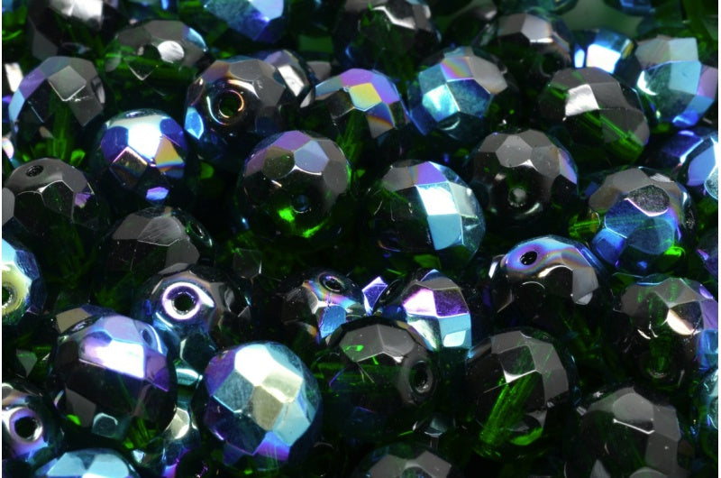 Fire Polished Faceted Beads Round, Transparent Green Ab (50140-28701), Bohemia Crystal Glass, Czech Republic