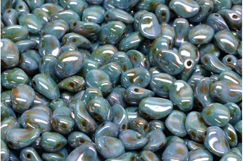 Tulip Petal Beads, White Stain With Luster Blue (02010-65431), Glass, Czech Republic