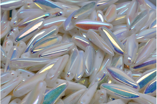 2-Hole Dagger Beads, White Opal Ab Full (2X Side) (02020-28703), Glass, Czech Republic