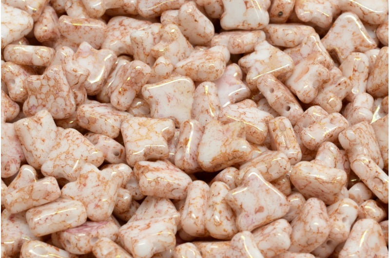 2穴フラットチューリップベルビーズ、ホワイトテラコッタレッド（02010-15495）、ガラス、チェコ共和国