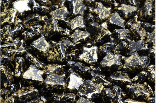 2-Hole Flat Tullip Bell Beads, Black Gold Splash (23980-94401), Glass, Czech Republic