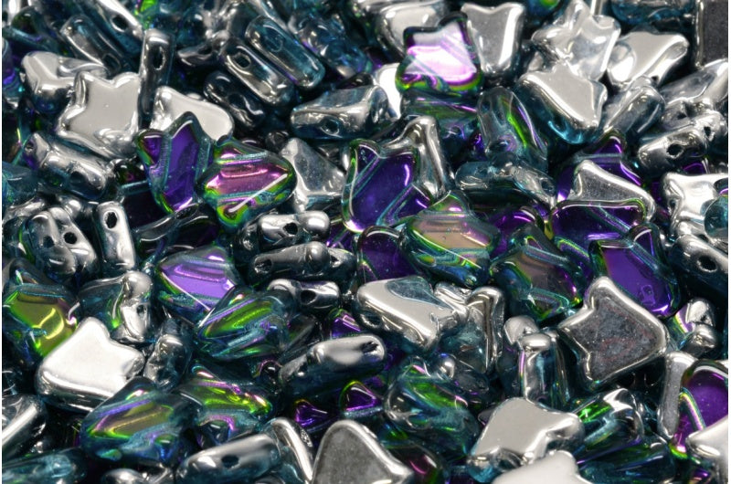 2穴フラットチューリップベルビーズ、透明アクア28102（60020-28102）、ガラス、チェコ共和国