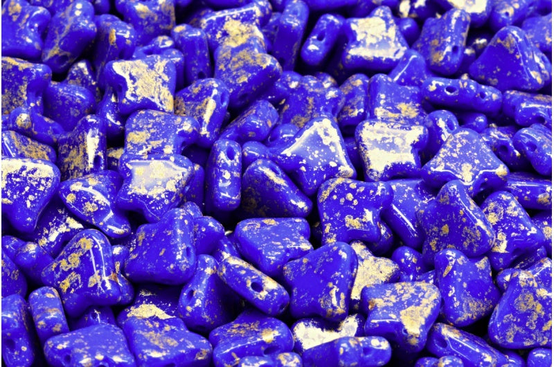 2穴フラットチューリップベルビーズ、不透明ブルーゴールドスプラッシュ（33050-94401）、ガラス、チェコ共和国