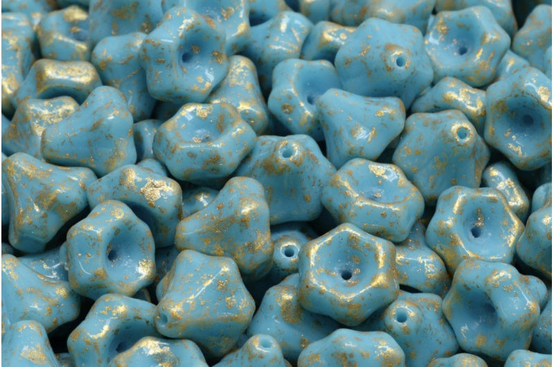 フラワーベルビーズ、ターコイズブルーゴールドスプラッシュ（63030-94401）、ガラス、チェコ共和国