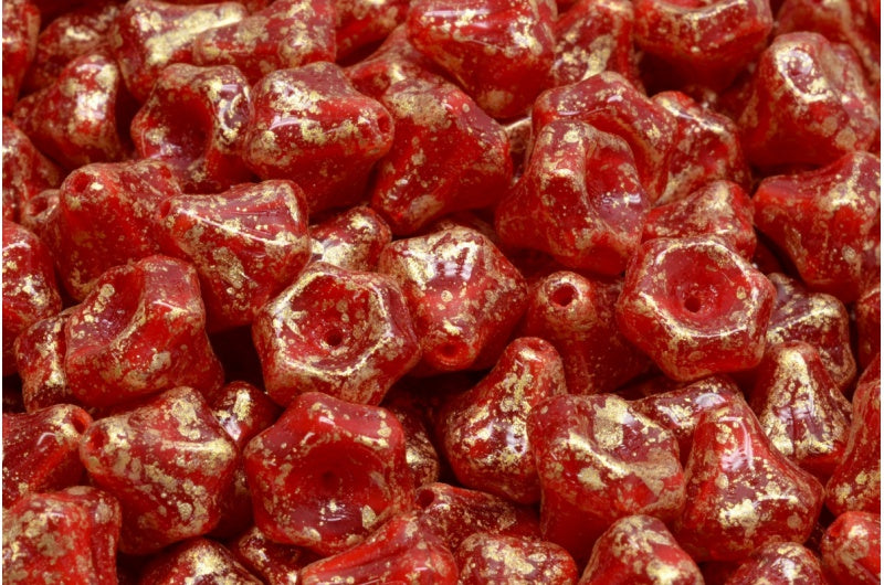 Flower Bell Beads, Opal Red Gold Splash (91250-94401), Glass, Czech Republic