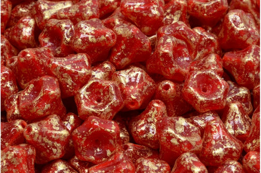 フラワーベルビーズ、オパールレッドゴールドスプラッシュ（91250-94401）、ガラス、チェコ共和国