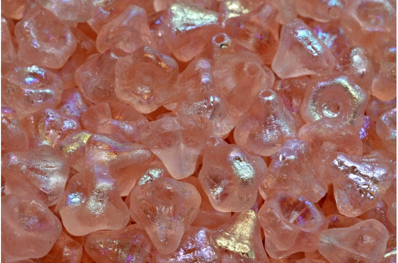 Flower Bell Beads, Transparent Pink Etched Ab Full (2X Side) (70110-etch-28703), Glass, Czech Republic
