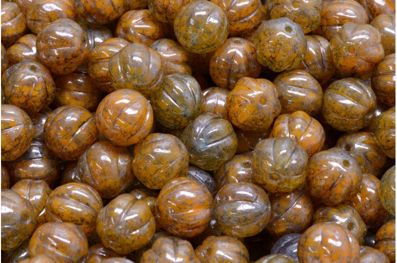 メロンビーズ、オレンジテラコッタブルー（R0912-15464）、ガラス、チェコ共和国