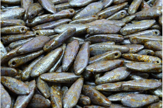 Dagger Beads, White Etched Purple Brown Luster Spotted (02010-ETCH-65329), Glass, Czech Republic