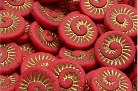 化石貝殻ビーズ、レッドゴールドラインマット仕上げ（93180-54302-84100）、ガラス、チェコ共和国