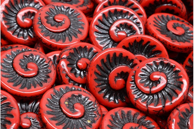 化石貝殻ビーズ、赤黒ライン入り（93180-46441）、ガラス、チェコ共和国