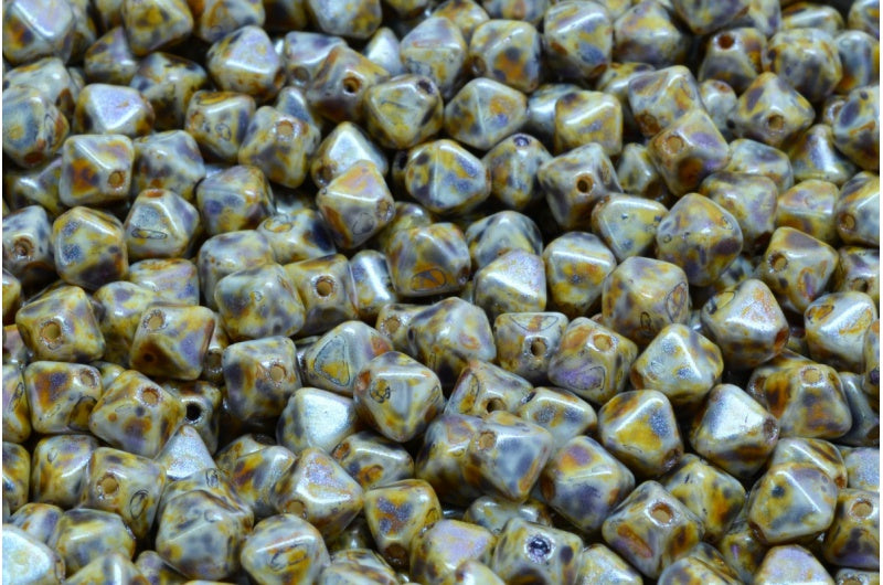 Bicone Beads, White Purple Brown Luster Spotted (02010-65329), Glass, Czech Republic