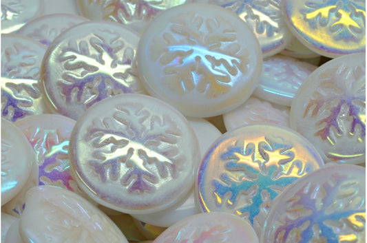 Snowflake Cabochon Beads, White Ab (02010-28701), Glass, Czech Republic