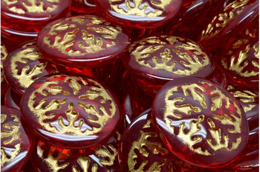 雪花凸圆形珠子，红宝石红金色内衬 (90080-54302)，玻璃，捷克共和国