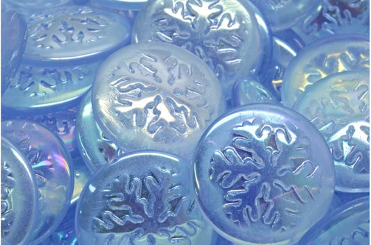 雪花凸圆形珠子，透明蓝色 Ab (30010-28701)，玻璃，捷克共和国
