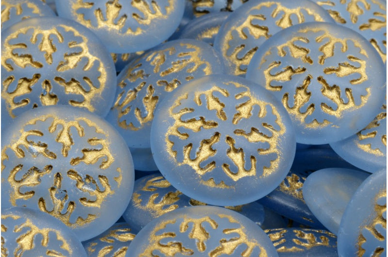 雪花凸圆形珠子，透明蓝色哑光金色内衬 (30010-84100-54302)，玻璃，捷克共和国