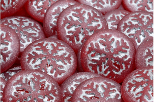 雪花凸圆形珠子，宝石红色哑光银色内衬 (90080-84100-54301)，玻璃，捷克共和国