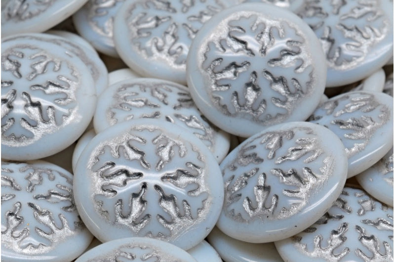 Snowflake Cabochon Beads, White Opal Silver Lined (02020-54301), Glass, Czech Republic