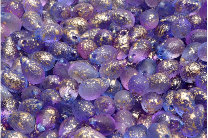 Drop beads, Crystal Etched Blue Violet Gold Splash (00030-ETCH-48002-94401), Glass, Czech Republic